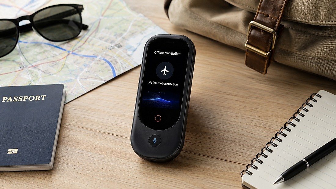 AI translators - AI translator in offline translation mode beside passport and travel map