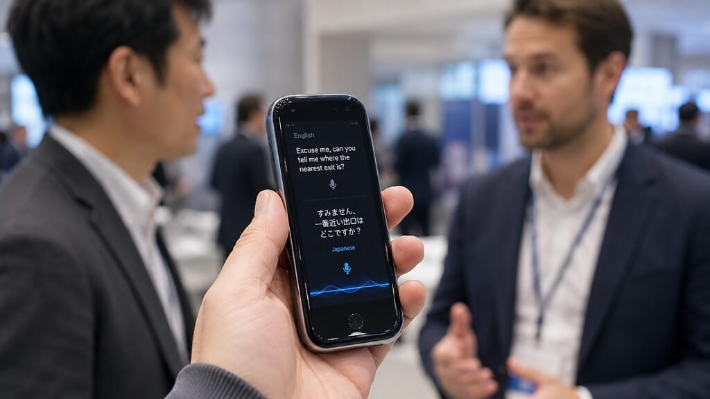 AI translator providing real-time translation during a business conversation