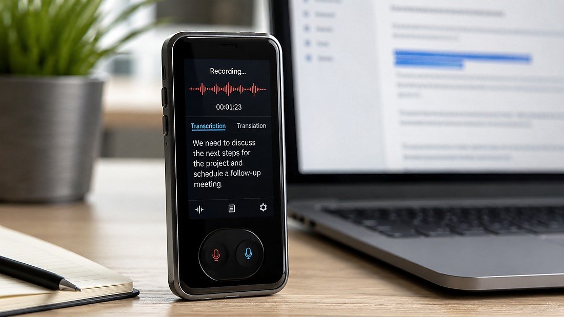 AI translator suppliers - AI translator recording and transcribing speech beside a laptop