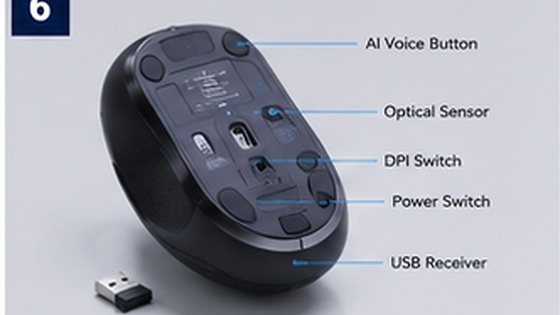 AI voice mouse suppliers - Bottom view of AI voice mouse showing sensor buttons receiver and controls