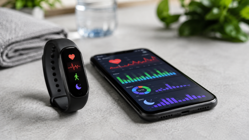 Smart band with smartphone health dashboard showing heart rate and wellness data
