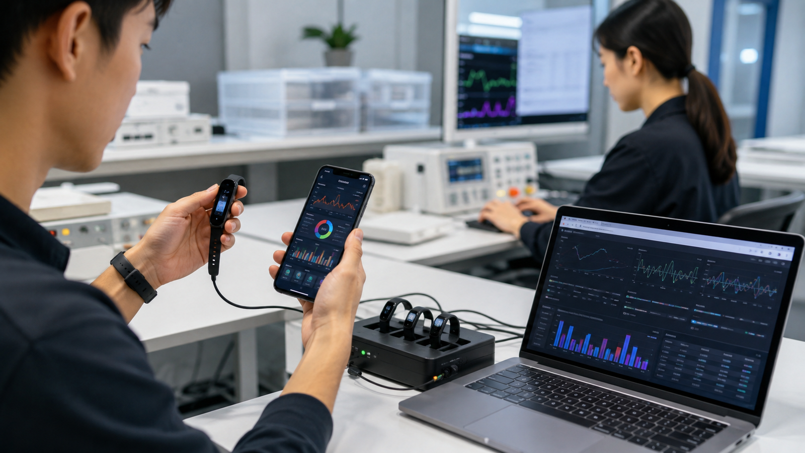 Engineer testing smart band data synchronization with smartphone and computer dashboards