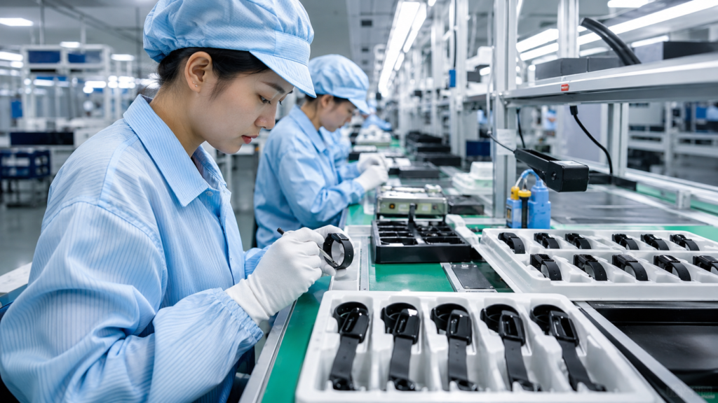 Workers assembling smart bands on a clean electronics production line