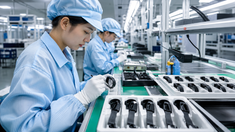 Workers assembling smart bands on a clean electronics production line