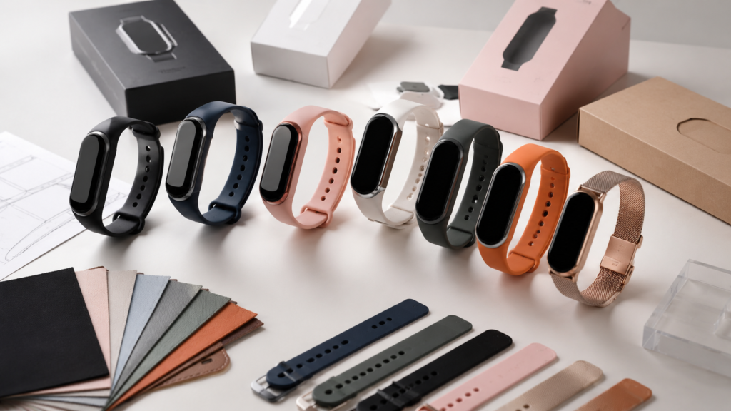 Smart bands in multiple colors with packaging and strap customization samples