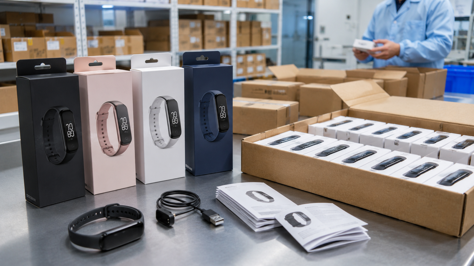 smart bands for corporate wellness - Smart bands with retail boxes and accessories prepared on a packaging workstation