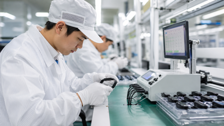 Technician inspecting smart bands on a production quality control line