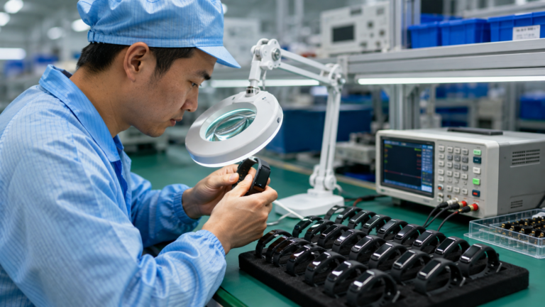 Technician inspecting smart band products under magnification in a quality laboratory