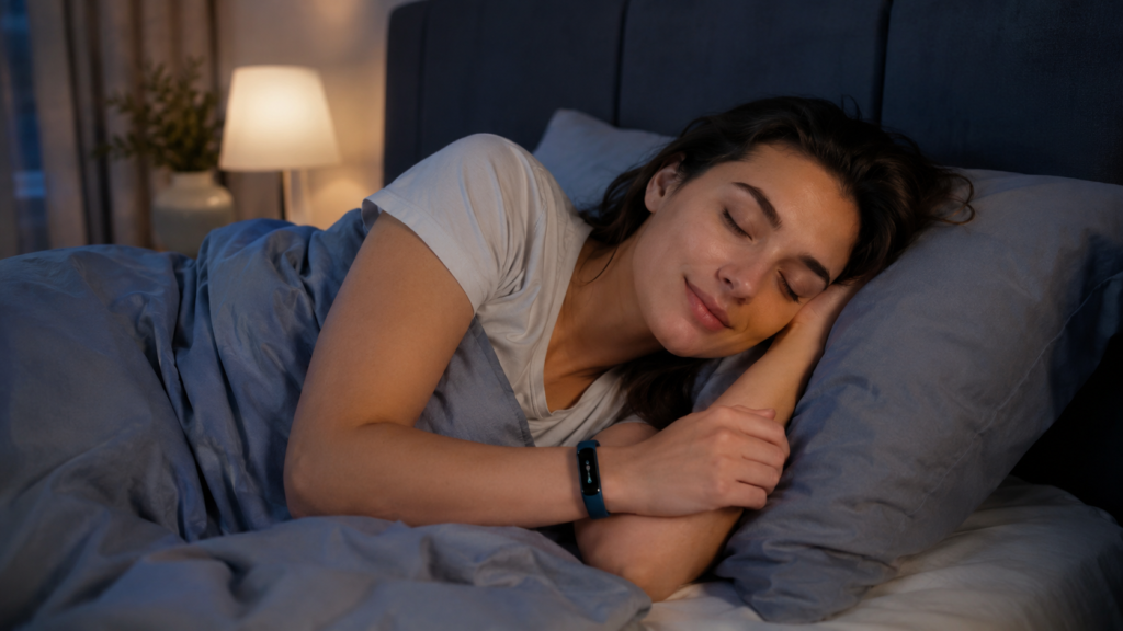 Woman sleeping while wearing a smart band for sleep tracking