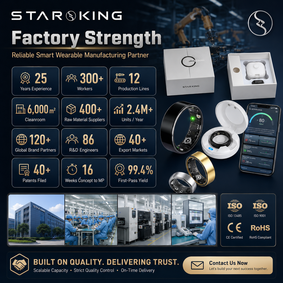 AI translators for education technology - STAR KING Smart Rings showing factory manufacturing and quality control